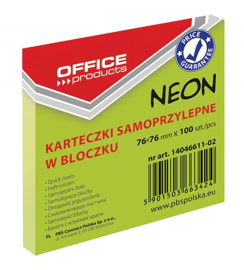 Bloczek samoprzylepny office products, 76x76mm, 1x100 kart., neon, zielony Office Products