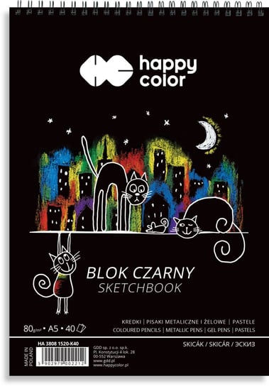 Blok czarny na spirali, Koty, A5, 40ark, 80g, Happy Color Happy Color