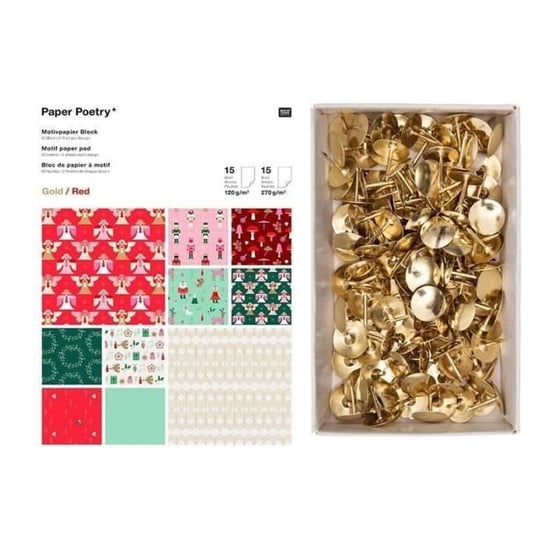 Blok papierowy wzorzysty 30 arkuszy Boże Narodzenie + 150 złotych szpilek Rico Design