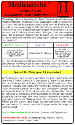 Blutgruppen - Diät A -. Medizinische Taschen-Karte Hawelka Verlag, Hawelka Uwe