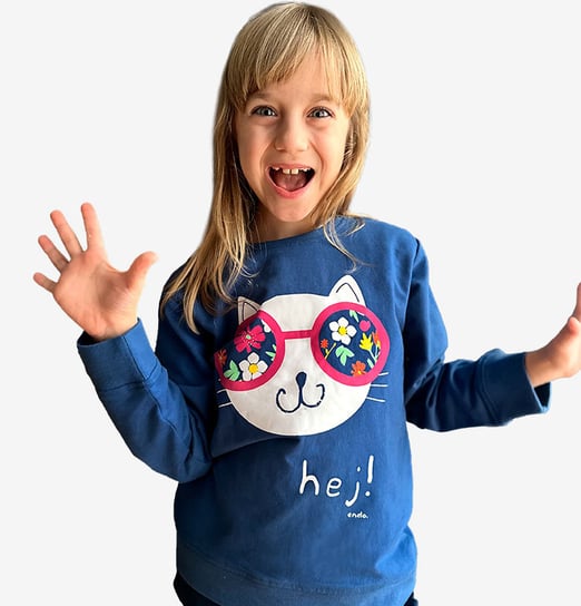 Bluza Dziecięca Dziewczęca dresowa bawełniana 104 Happy kot  Granatowa Endo Endo