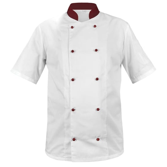 Bluza kucharska biała, kitel, rękaw krótki stójka i wstawki bordowe M M&C