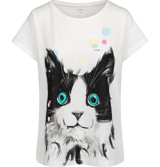 Bluzka Damska T-shirt Damski bawełniana z dużym Kotem 38 M biała Endo Endo