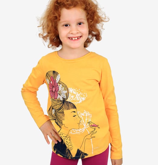 Bluzka koszulka z Długim Rękawem żółta 140 bawełna z  ptaszkiem kwiaty Endo Endo