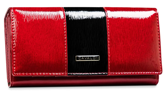 Błyszczący portfel damski z lakierowanej skóry naturalnej portfel na zatrzask Cavaldi, czerwono-czarny 4U CAVALDI