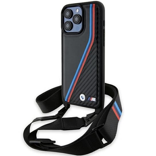 BMW etui obudowa pokrowiec do iPhone 15 Pro Max 6.7" czarny/black hardcase M Edition Carbon Tricolor Lines & Strap BMW