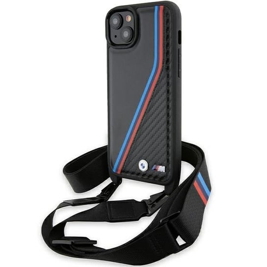 BMW etui pokrowiec obudowa case do iPhone 15 Plus / 14 Plus 6.7" czarny/black hardcase M Edition Carbon Tricolor Lines & Strap BMW