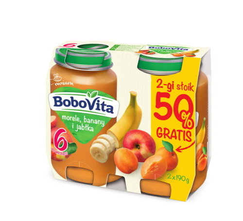 BoboVita, Deserek po 6. miesiącu morele, banany i jabłka, 2x190 g BoboVita