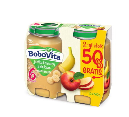 BoboVita, Jabłka i banany z kleikiem owsianym po 6. miesiącu, 2x190 g BoboVita