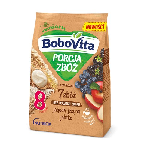 BoboVita, Kaszka bezmleczna 7 zbóż jagoda-jeżyna-jabłko po 8. miesiącu życia, Porcja Zbóż, 170 g BoboVita
