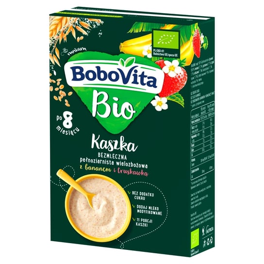 BoboVita Kaszka bezmleczna pełnoziarnista wielozbożowa z bananem i truskawką po 8 miesiącu 200 g Bio BoboVita