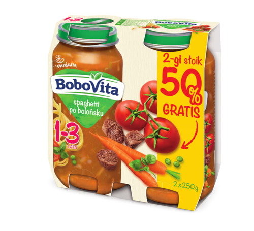 BoboVita, Obiadek dla dzieci 1-3 lata Junior Spaghetti po bolońsku, 2x250 g BoboVita