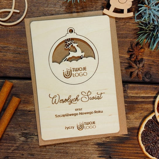 Bombka z reniferem - drewniana grawerowana kartka świąteczna z logo Inna marka