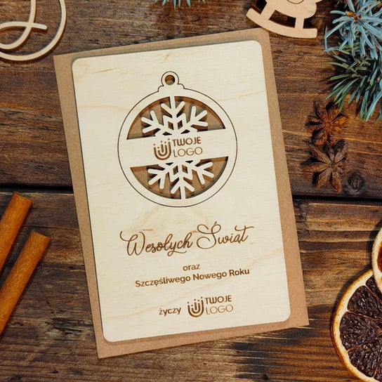 Bombka ze śnieżynką - drewniana grawerowana kartka świąteczna z logo Inna marka