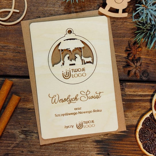 Bombka ze stajenką - drewniana grawerowana kartka świąteczna z logo Inna marka