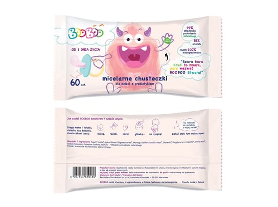 BOOBOO, Micelarne chusteczki nawilżane z prebiotykiem dla dzieci 60szt BooBoo