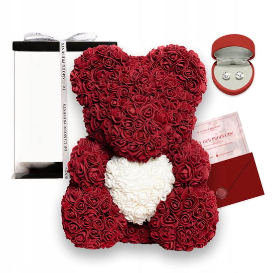 Bordowy Miś Z Róż Z Sercem 40 cm Prezent Dla Niej Dziewczyny Na Walentynki De L'amour Presents