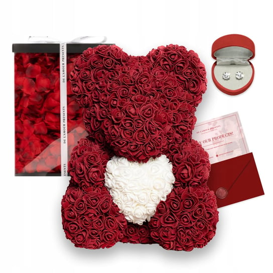 Bordowy Miś Z Róż Z Sercem I Płatkami 40 cm Prezent Dla Niej Dziewczyny Na Walentynki De L'amour Presents
