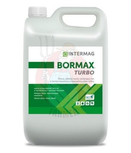 BORMAX TURBO to płynny nawóz dolistny zawierający 150 g boru (B) w 1 litrze w formie boroetanoloaminy wzbogacony w Technologię INT, ułatwiającą pobieranie i przemieszczanie boru w roślinach. inna (Inny)