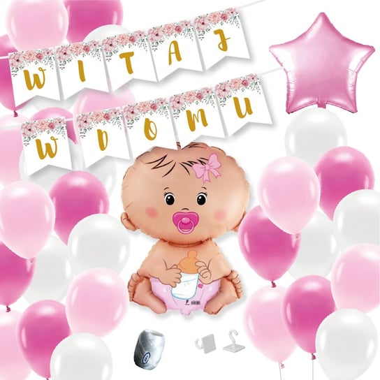 Box balonowy WITAJ W DOMU - zestaw balonów - kwiaty różowe OCHprosze