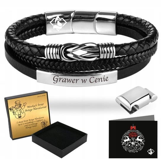 Bransoletka Męska Czarna ze Skóry Srebrna GRAWER Prezent Dla Męża Chłopaka FoxyJewellery