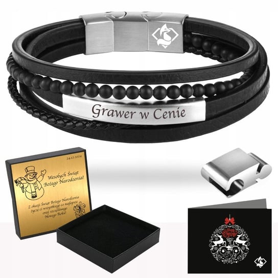 Bransoletka Męska Skórzana Czarna Stal 316 Grawer Dla Taty Męża Chłopaka FoxyJewellery