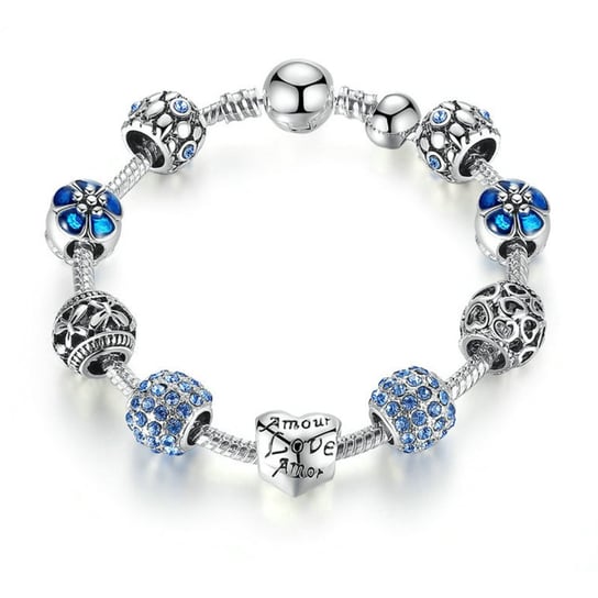 Bransoletka Srebrna Modułowa Serce Koraliki Charms Beads Niebieska 18 cm Ebetka