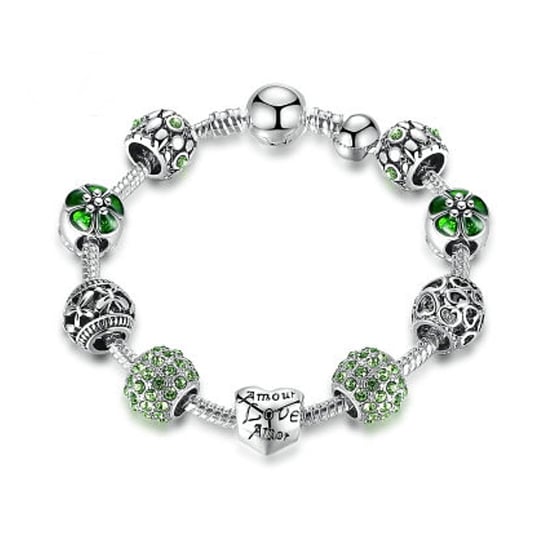 Bransoletka Srebrna Modułowa Serce Koraliki Charms Beads Zielona 18 cm Ebetka