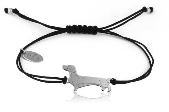 Bransoletka z psem jamnikiem srebrnym na czarnym sznurku DeLaKinia