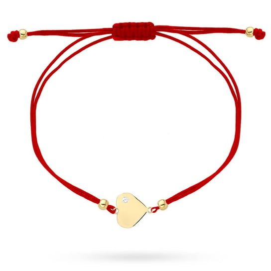 Bransoletka złote serce w poprzek z cyrkonią na czerwonym sznurku pr. 585 24 Karaty