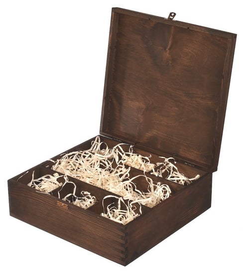 Brązowe drewniane pudełko na karafkę i 6 szklanek skrzynkizdrewna