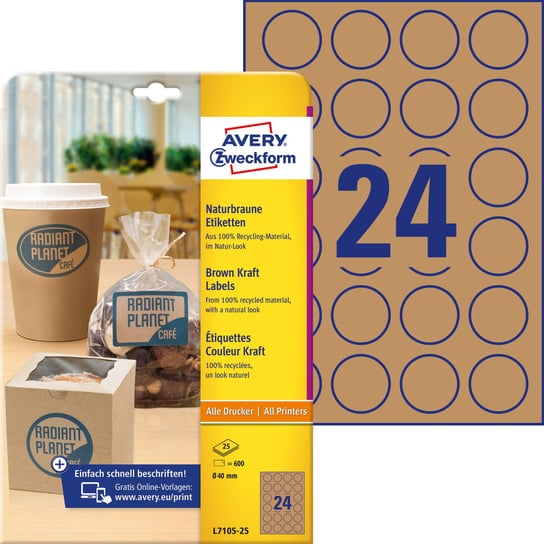 Brązowe etykiety na produkty Avery Zweckform, A4, 25 ark./op., ?40 mm, okrągłe Avery Zweckform