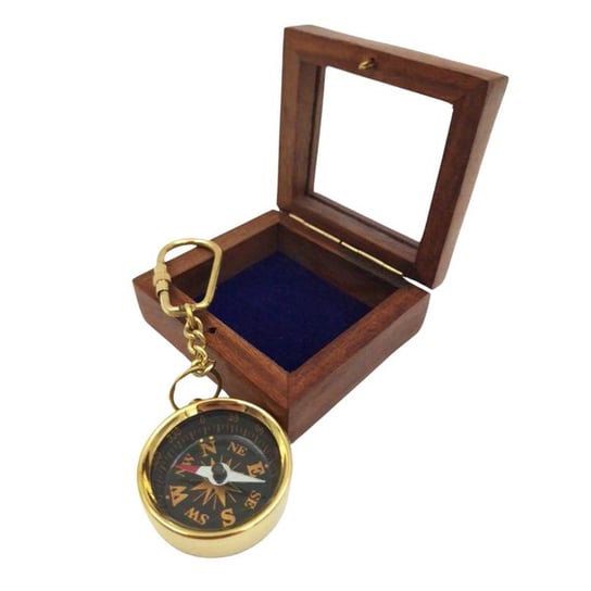 Brelok mosiężny kompas "Kurs na Przygodę - Twojego Życia" w drewnianym pudełku prezentowym Kemis - House of Gadgets