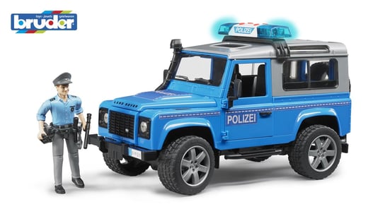 Bruder, Land Rover Defender policyjny niebiesko srebrny z figurką policjanta i modułem 02802, 02597 Bruder