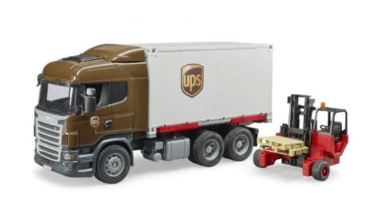 Bruder, Scania R kontener UPS z wózkiem widłowym i paletami 2szt, 03581 Bruder