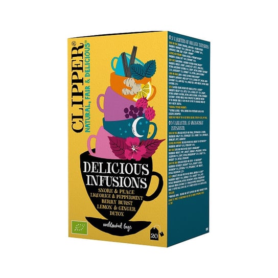 Brytyjska Selekcja Pięciu Herbat i Naparów BIO Fair Trade "Delicious Infusions | Snore & Peace / Liquorice & Peppermint / Berry Burst / Lemon & Ginger / Detox" 40g (5x4x2g) Clipper Clipper