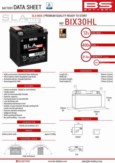 BS AKUMULATOR BIX30HL MAX 12V 30AH 166X130X175 Inna marka