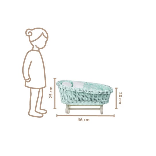 BUJANE miętowe ŁÓŻECZKO KOŁYSKA Z WIKLINY DLA LALEK Z POŚCIELĄ 46X28 H 20/25 CM WickerPL