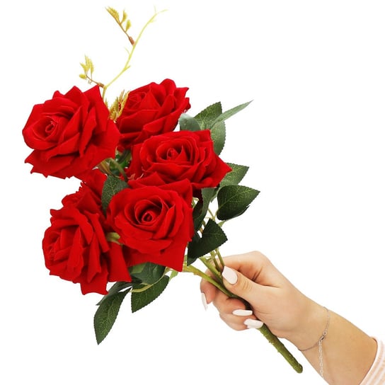 Bukiet sztucznych 6 róż czerwone kwiaty wys. 55 cm na ślub do wazonu Springos