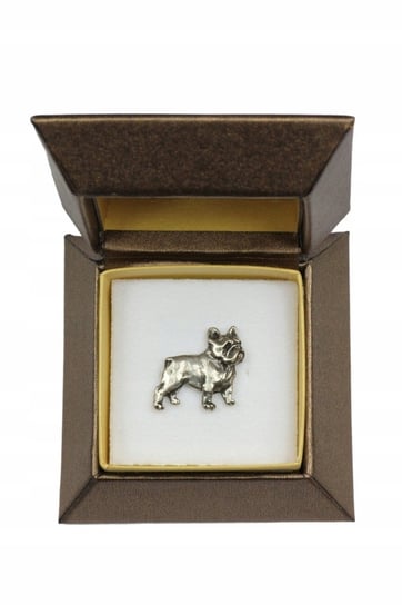 Buldog Francuski posrebrzany pin w pudełku broszka Inna marka