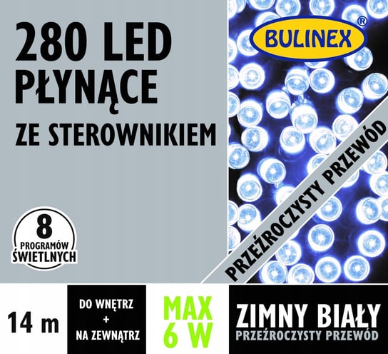 BULINEX Lampki 280LED płynące biały 8 program przeźroczysty przewód Bulinex