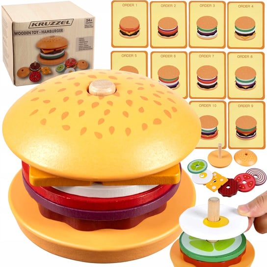 Burger Drewniany Duży Restauracja Układanka Sorter 8 el. 10 Kart dla Dzieci Artemis