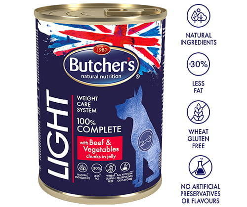 BUTCHER'S Functional Dog Light z wołowiną i warzywami kawałki w galarecie 400g Butchers