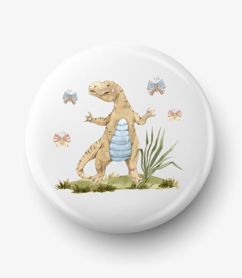 Button przypinka z grafiką brązowy dinozaur tyrannosaurus, średnica 58 mm Inna marka