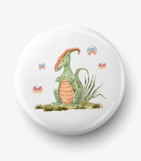 Button przypinka z grafiką jasnozielony dinozaur parazaurolof, średnica 58 mm Inna marka