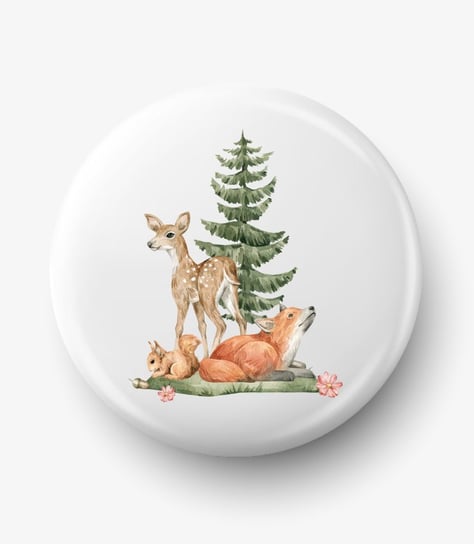 Button przypinka z grafiką jeleń i lis w lesie, średnica 58 mm Inna marka
