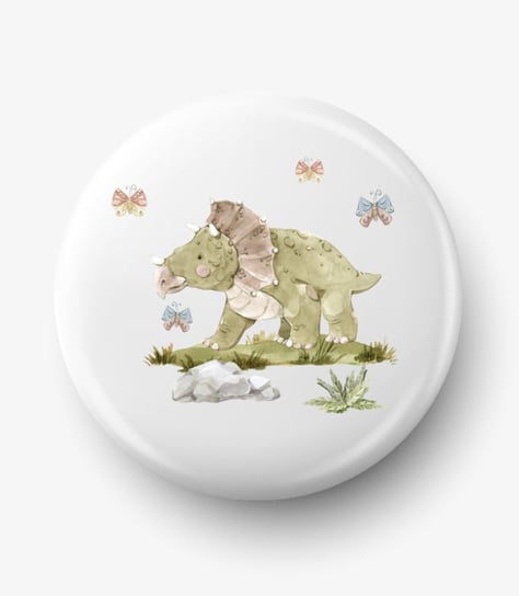 Button przypinka z grafiką stojący dinozaur triceratops, średnica 58 mm Inna marka