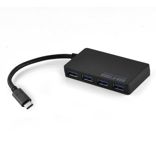 Cadorabo 4-Port USB 3.0 Multi-interface USB Hub Plug & Play z USB-C Plug Type-C Jack i zasilacz odpowiedni dla laptopów, tabletów i nowoczesnych urządzeń z wejściem ładowania USB-C w CZARNY Cadorabo