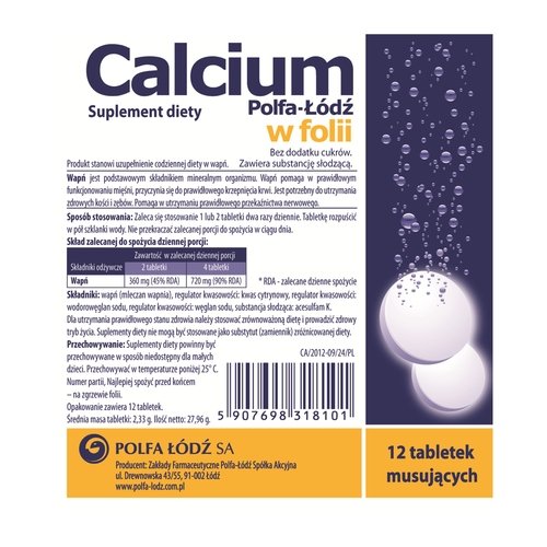 Calcium Polfa w folii, suplement diety, 12 tabletek musujących Polfa