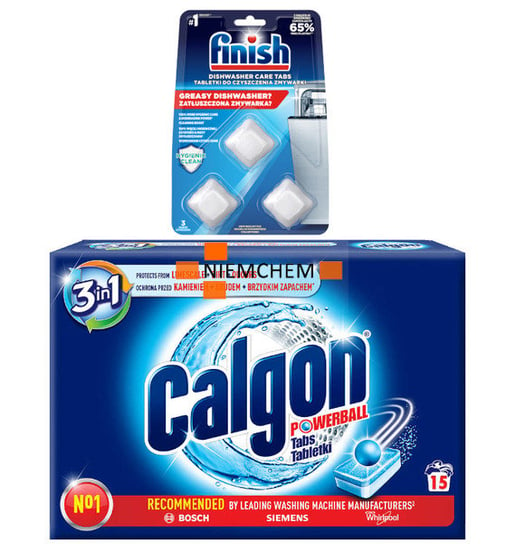 Calgon 3w1 Tabletki Odkamieniacz do Pralki + Finish Czyścik do Zmywarki Tabletki Czyszczące 3szt Calgon